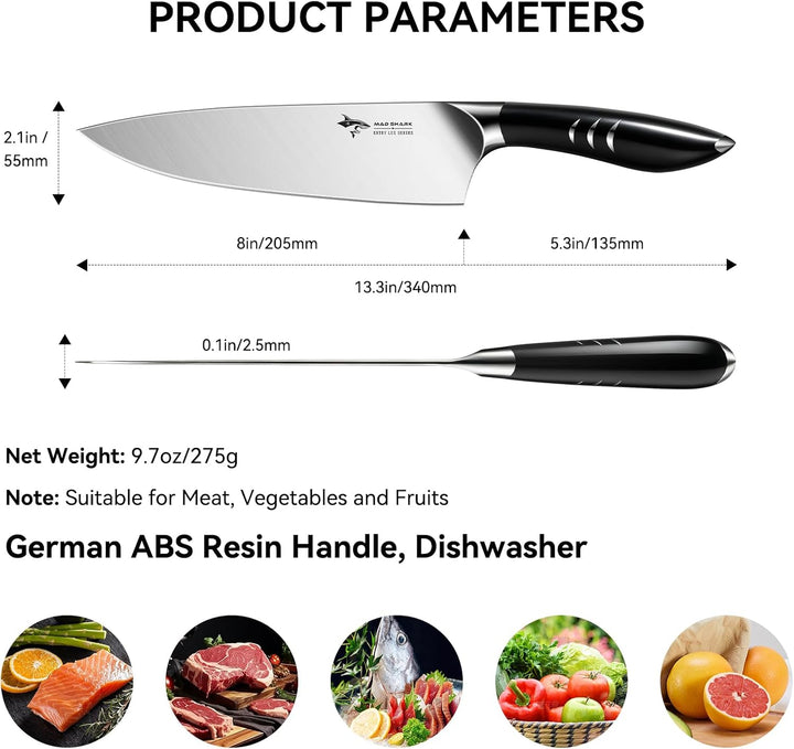 MAD SHARK Kochmesser 20 cm Küchenmesser aus rostfreiem Hochkohlensoffstahl – Profi Kochmesser mit er