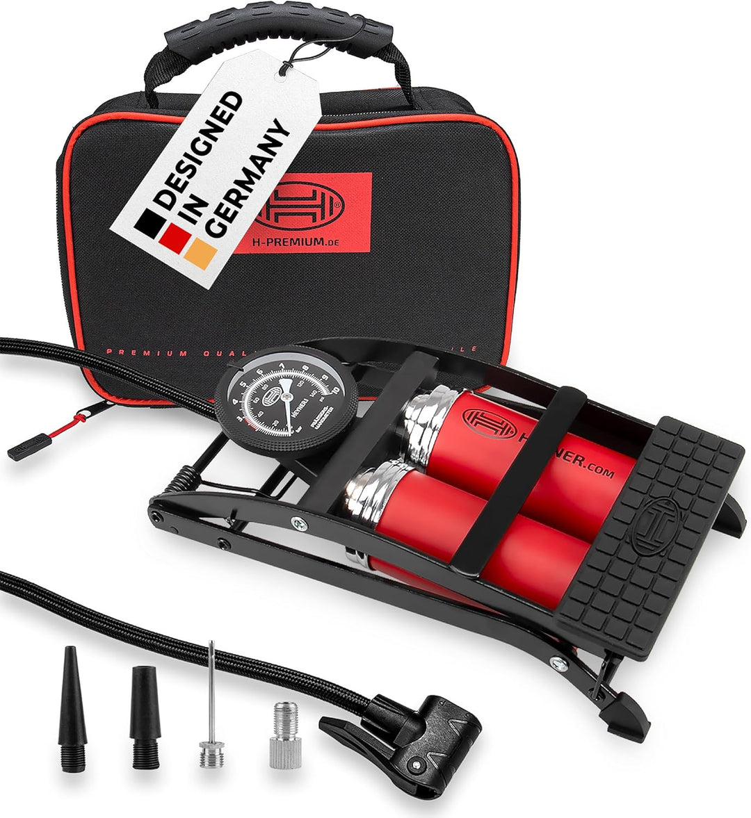 HEYNER® 22500N Fussluftpumpe Doppelzylinder 2 Zylinder mit Manometer bis 10 bar + Tasche