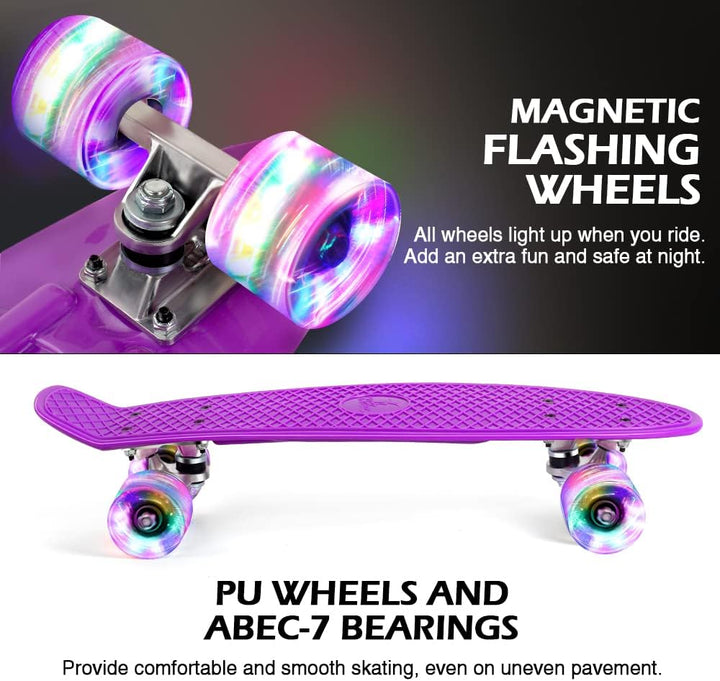 BELEEV Skateboard Komplette 22 Zoll Mini Cruiser Skateboard für Kinder Jugendliche Erwachsene, LED L