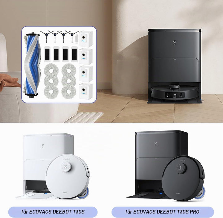 Ersatzteile Set für ECOVACS DEEBOT T30S / T30S PRO, Zubehör mit 1 Hauptbürste, 4 Staubbeutel, 6 Wisc