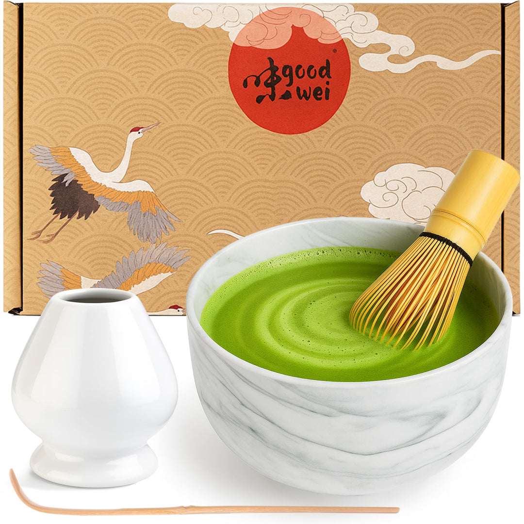 Goodwei Matcha Set komplett mit Matchabesen, Matcha Löffel und Matcha Schale aus Keramik mit Besenha