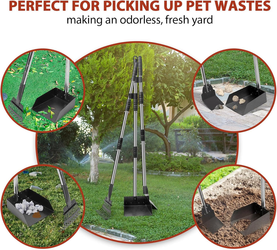Hundekotschaufel Set mit 96cm langem Griff – Abnehmbares Metalltablett, Rechen & Spaten für grosse,