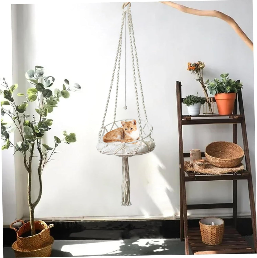 Makramee-Katzenhängematte mit Quaste und Seilball, Boho-Schaukelbett für Hauskatzen/16 x 51 Zoll