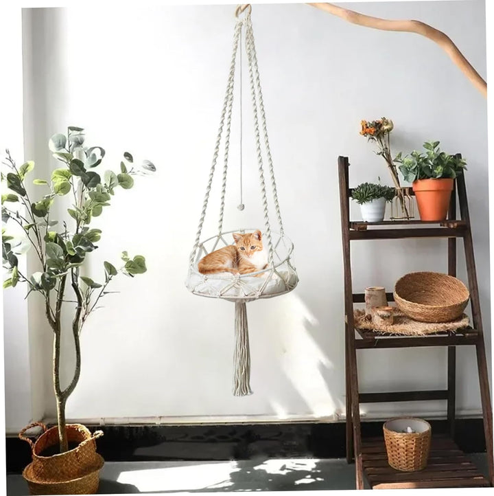 Makramee-Katzenhängematte mit Quaste und Seilball, Boho-Schaukelbett für Hauskatzen/16 x 51 Zoll