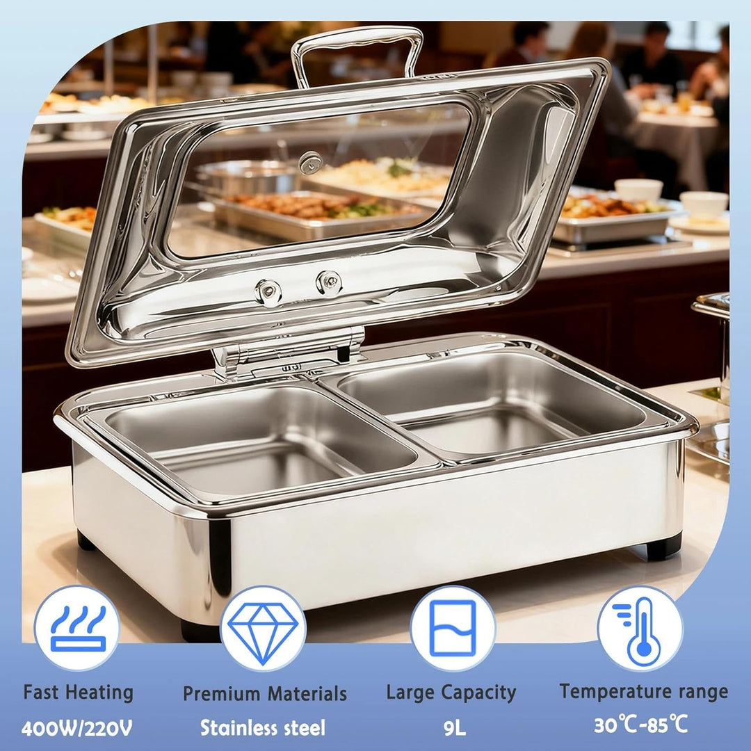 Chafing Dish Elektrisch 9L, Elektrische Speisewärmer Buffetwärmer mit Sichtbarem Glasdeckel, Kommerz