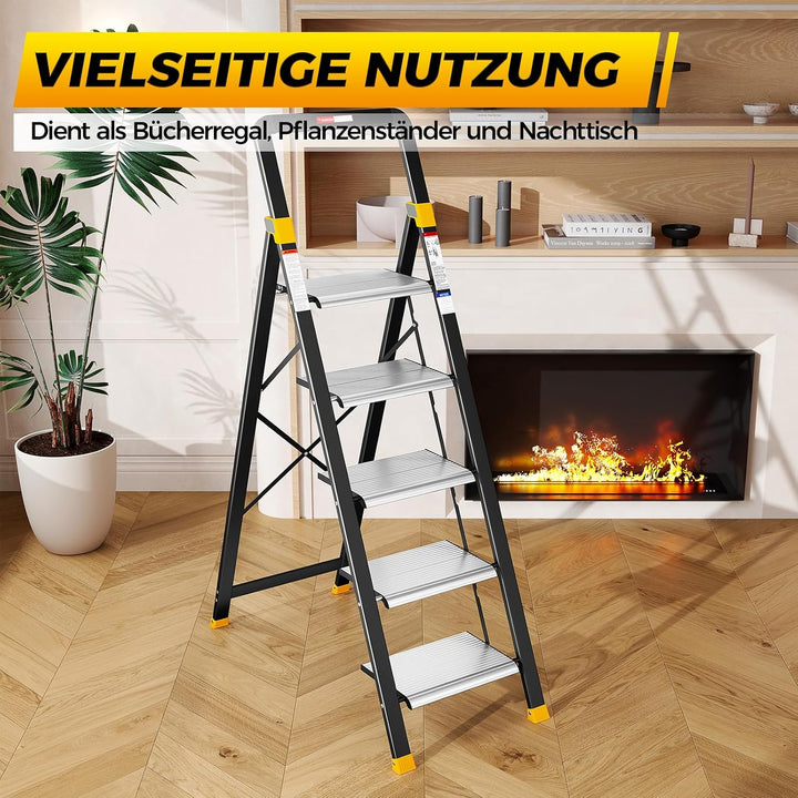 KINGRACK Trittleiter 5 Stufen Klappbar Aluminium, Klappleiter mit Handlauf, Haushaltsleiter Anti-Rut