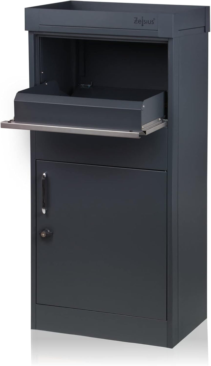 Zelsius Briefkasten mit Paketfach Pluto | pulverbeschichteter Stahl mit Edelstahl Elementen | RAL701