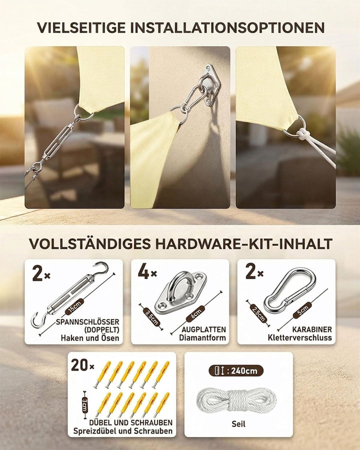 Sonnensegel Rechteckig 2x3m mit Befestigungsset, HDPE Gewebe wasserdicht und reissfest, UV-Schutz, w