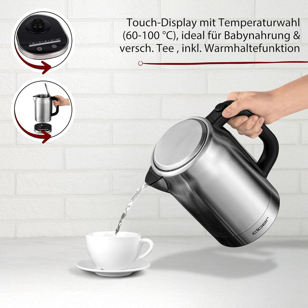 Cloer 4459 Touch-Wasserkocher, Basisstation mit Glasoberfläche-LED-Anzeige, 1,7 Liter, Edelstahl Tou