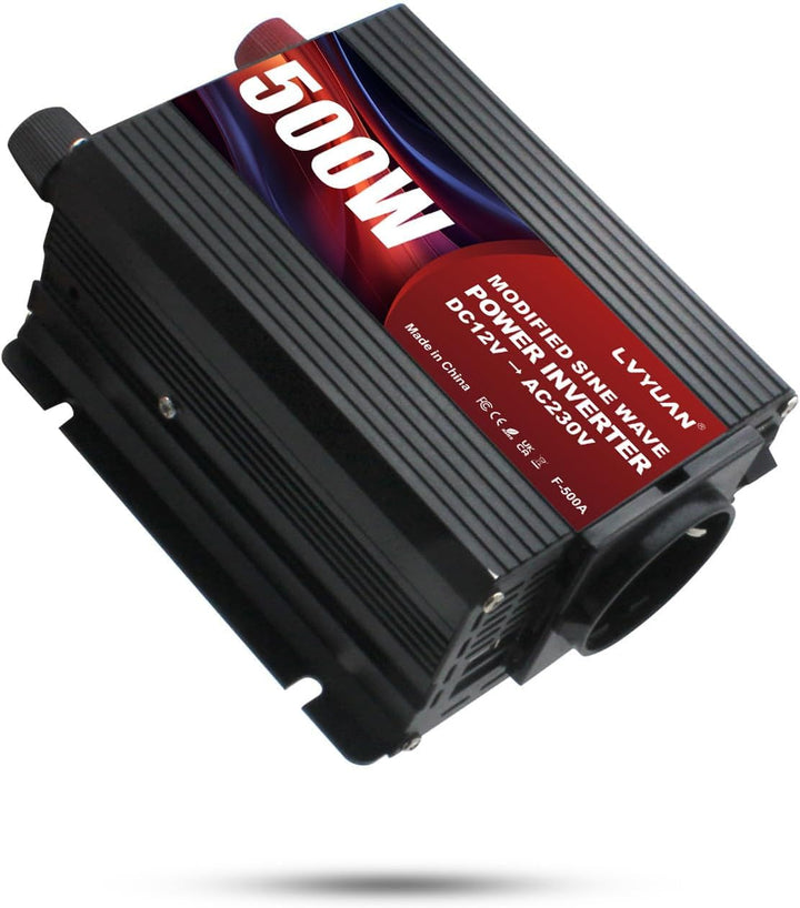 LVYUAN Wechselrichter 12V auf 230V 500W Spannungswandler, Stromwandler mit Dual-USB-Anschluss und EU