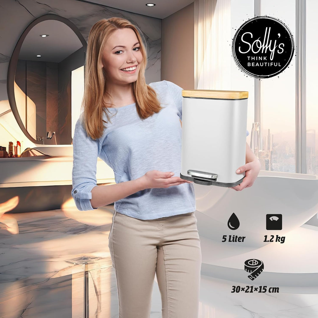 Solly´s 5L Kosmetikeimer mit Bambus Deckel, Bad Treteimer mit Absenkautomatik, pulverbeschichtet, ru