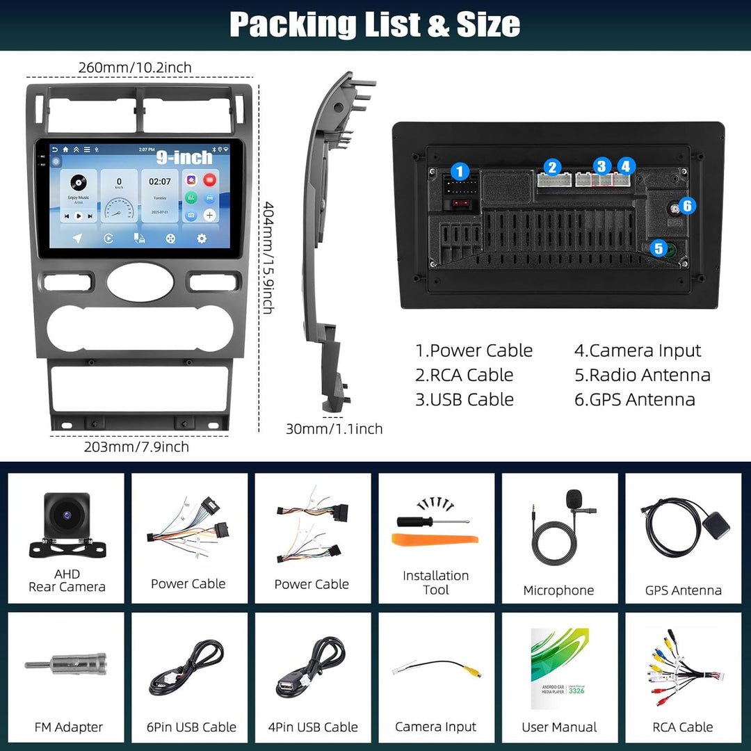 CAMECHO 4+64G Android 15 Navi Autoradio für Ford Mondeo 2004-2007, 9 Zoll GPS Radio mit WiFi Bluetoo