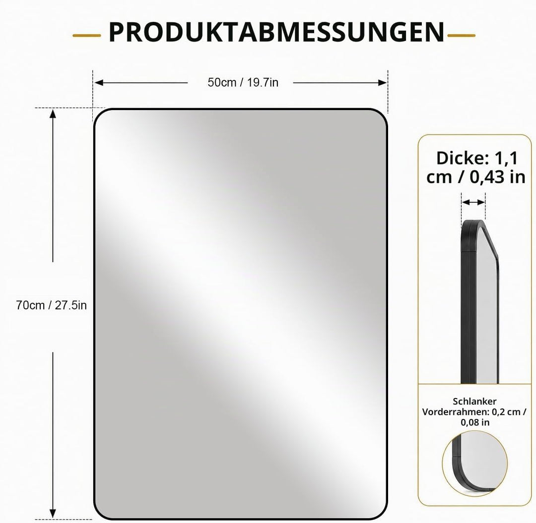 Schwarzer Rahmenspiegel 50 x 70 cm, rechteckiger Badezimmer-Wandspiegel, hängend horizontal/vertikal