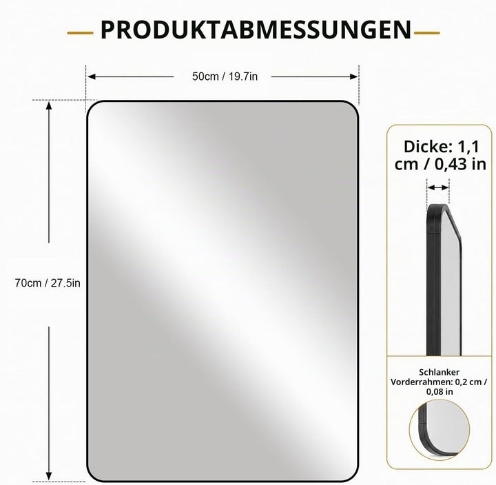 Schwarzer Rahmenspiegel 50 x 70 cm, rechteckiger Badezimmer-Wandspiegel, hängend horizontal/vertikal
