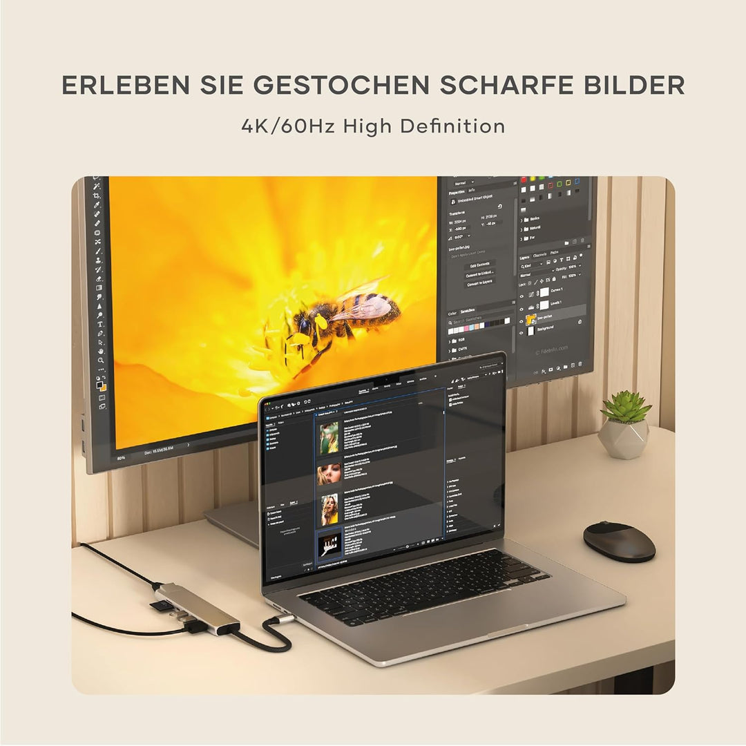 SATECHI 7-in-1 USB-C Hub Slim Plus, HDMI 4K mit 60Hz, 100W PD, 2X USB-A, Ethernet, SD/MicroSD – Für