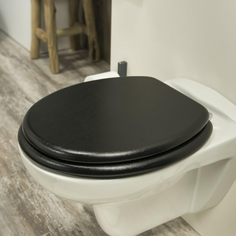 Tiger Toilettensitz Lederlook, WC-Sitz aus Holz mit Lederoptik, Schwarz, Metallbefestigung