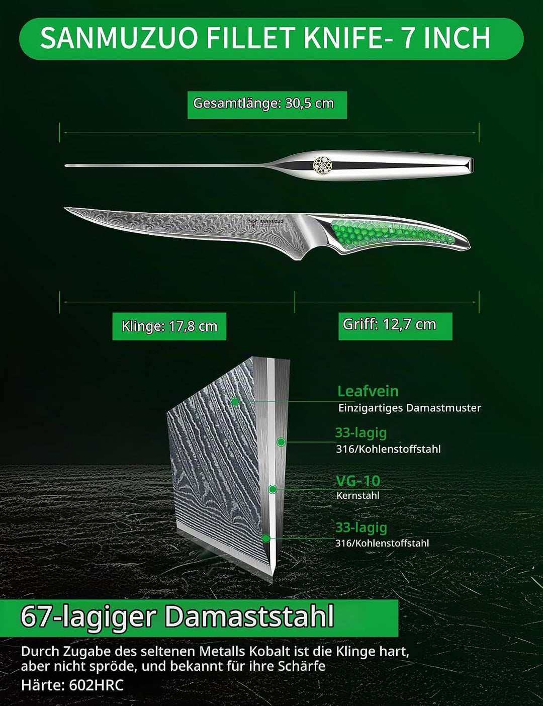 SANMUZUO 18CM Filetiermesser, Küchen- und Fischmesser aus Japanischem VG-10-Damaszenerstahl, ultrasc