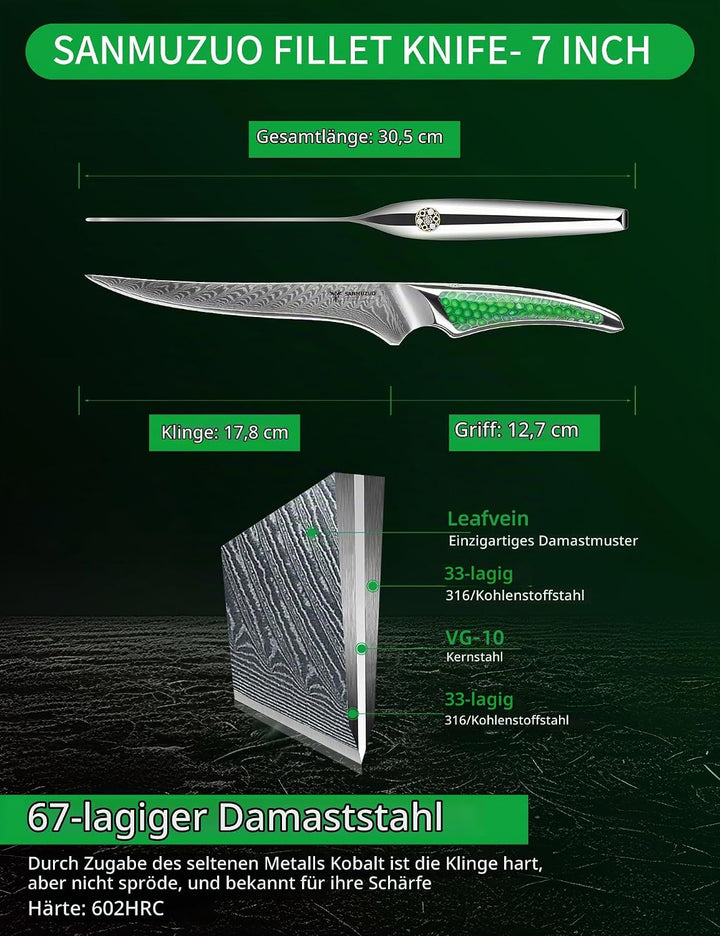 SANMUZUO 18CM Filetiermesser, Küchen- und Fischmesser aus Japanischem VG-10-Damaszenerstahl, ultrasc