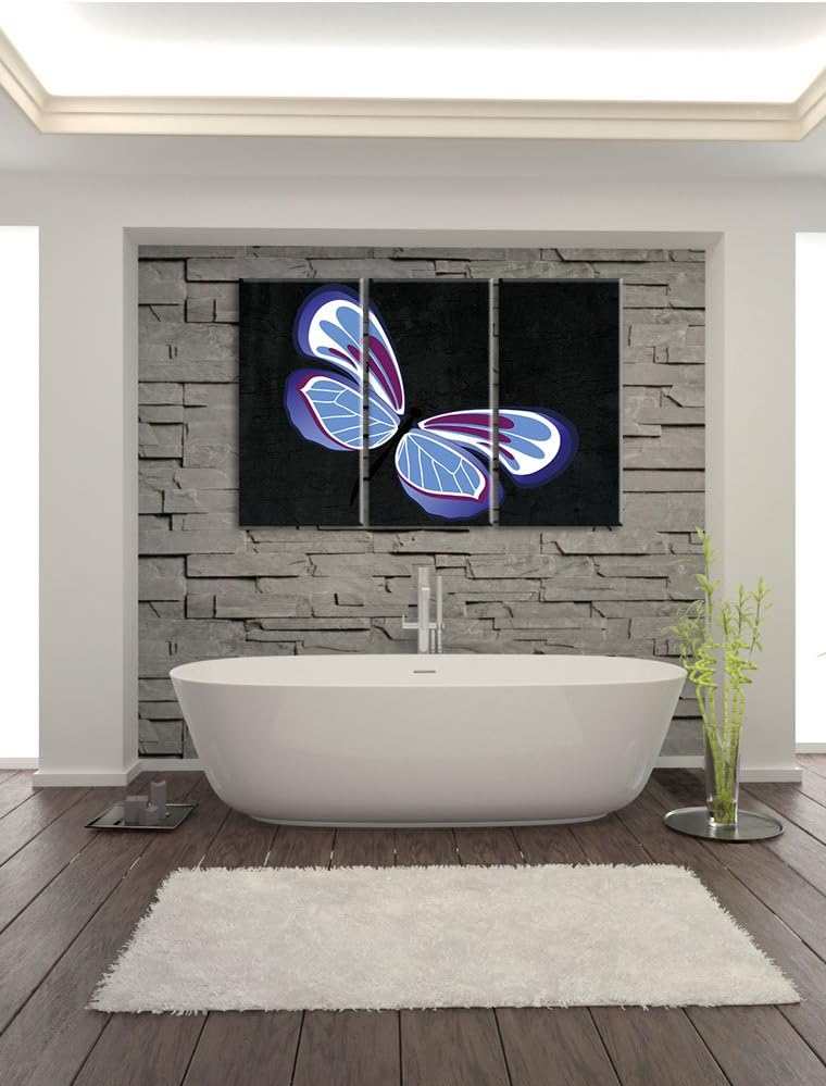 Pixxprint Hübscher lila-Blauer Schmetterling schwarz 3-Teiler Leinwandbild 120x80 Bild auf Leinwand