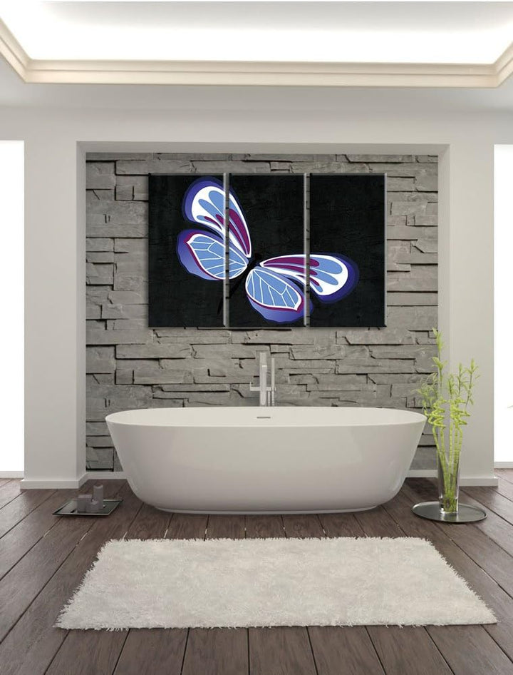 Pixxprint Hübscher lila-Blauer Schmetterling schwarz 3-Teiler Leinwandbild 120x80 Bild auf Leinwand