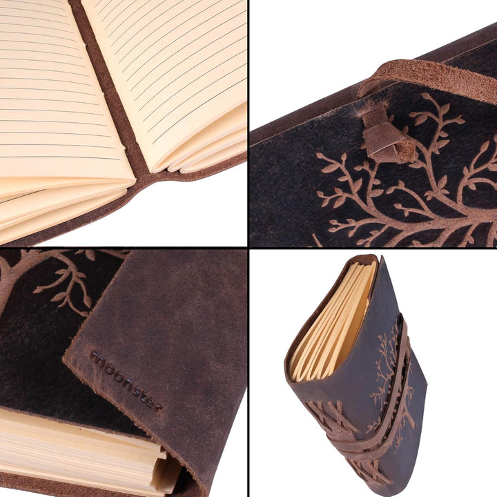 moonster Leder Notizbuch Tree of Life - 400 Kraftpapier Seiten Mittelbreit Liniertes Notizbuch Leder