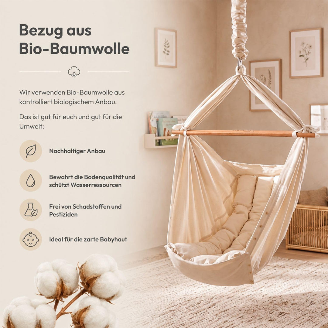 Premium Baby Federwiege mit Tipi-Gestell - Beige Federwiege mit beigem Tipi-Gestell - für Babys ab G