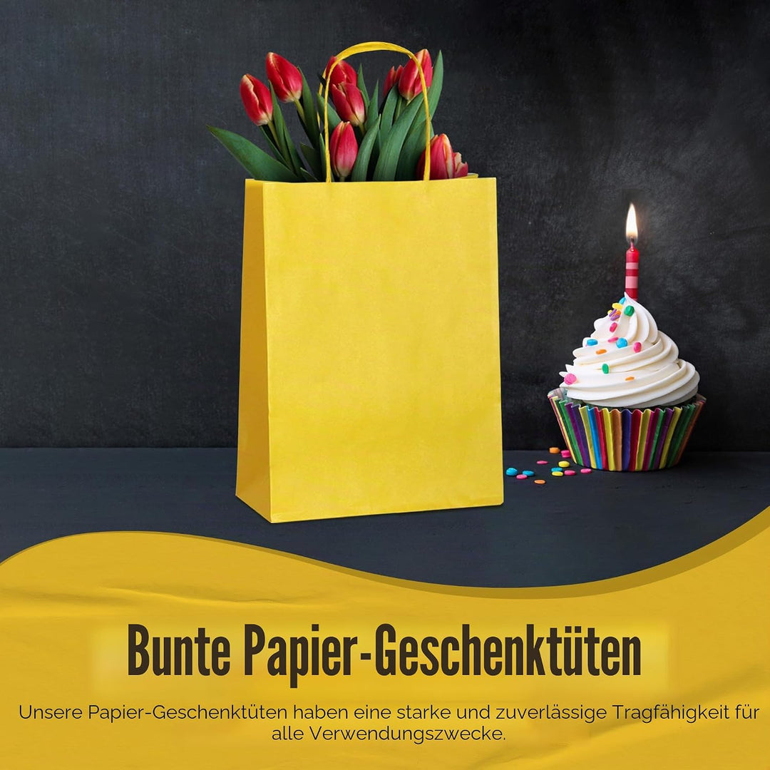 Thepaperbagstore 30 Gelbe Klein Partytüten aus Papier mit Henkeln – 18x22x8cm – Bunte Geschenktüten