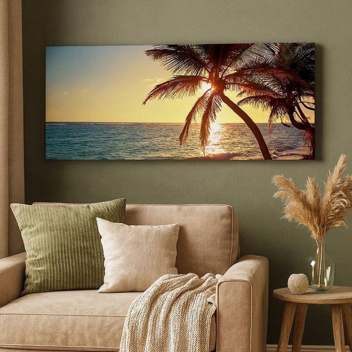 ARTTOR Bilder auf Leinwand 100x40cm Leinwandbild Wolke exotischer Palm- Landschaft Gross Wanddeko Bi