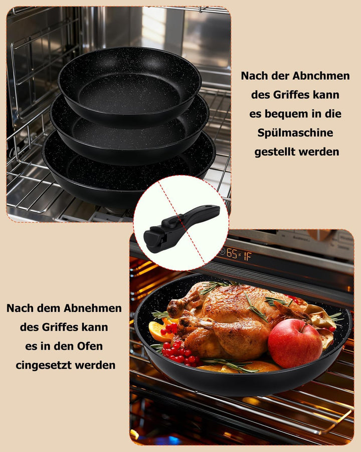 Pfannenset Induktion, Antihaft-beschichtete Bratpfanne 20, 24 und 28 cm mit abnehmbarem Griff, für a