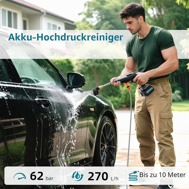Kabelloser Hochdruckreiniger 21V 62 Bar 3000W Tragbar - Mit Akku, Ladegerät, 6-in-1 Verstellbarer Dü