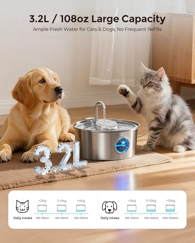 Katzenbrunnen Edelstahl und Ersatzfilter, 3.2L Ultra-Leiser Trinkbrunnen für Katze mit Wasserstandsa