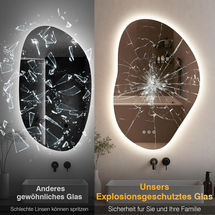 Spiegel mit Beleuchtung Asymmetrischer, LED Badspiegel mit Touch-Schalter, 3 Lichtfarbe, Dimmbar, Be
