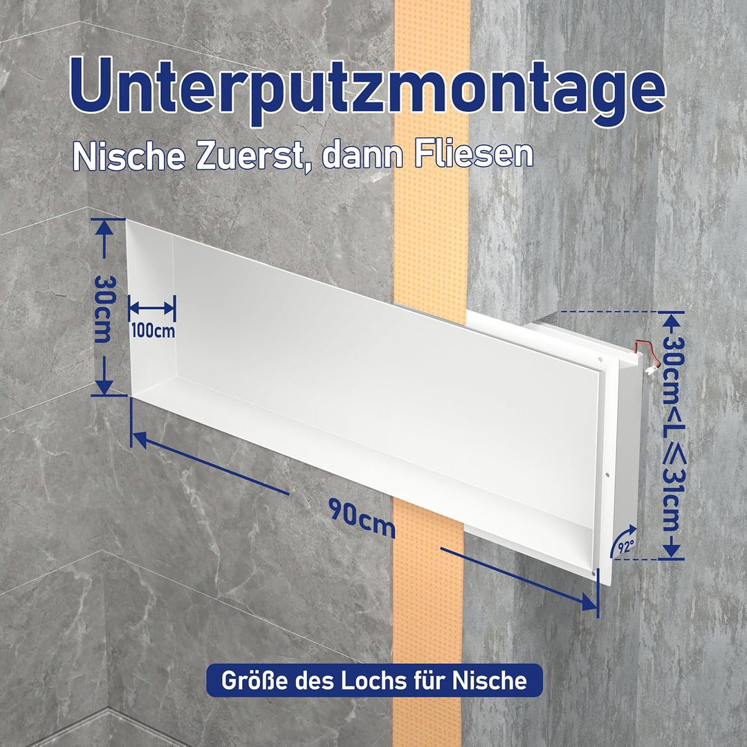 Wandnische Dusche Edelstahl, wasserdichte Nische mit LED-Licht, Eingebettete Duschnische 90x30x10cm,