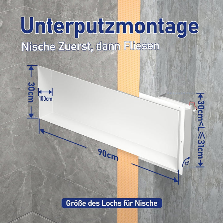 Wandnische Dusche Edelstahl, wasserdichte Nische mit LED-Licht, Eingebettete Duschnische 90x30x10cm,