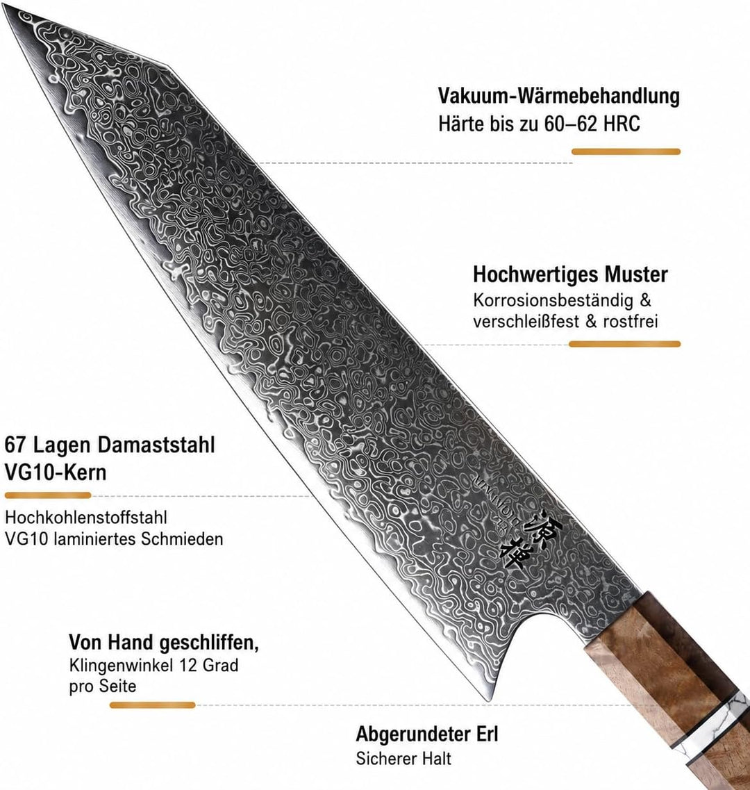 Kokuga Damastmesser – VG10 Damaststahl, 67 Lagen – Rasiermesserscharfe Klinge – Ergonomischer Griff
