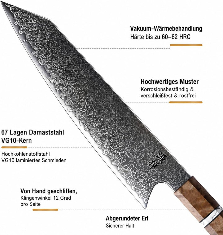 Kokuga Damastmesser – VG10 Damaststahl, 67 Lagen – Rasiermesserscharfe Klinge – Ergonomischer Griff