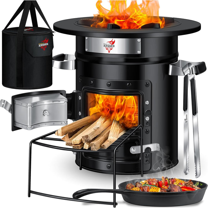 KESSER® Raketenofen Inkl. Grillpfanne aus Gusseisen mit Tragetasche Dutch Oven BBQ Rakete Holzofen C