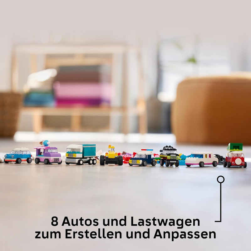 LEGO Classic Kreative Fahrzeuge, Bausteine-Set für Bunte Modellautos inkl. LKW, Polizeiauto und Bauf