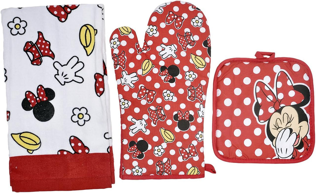 Disney Oven Mitt Pot Holder & Dish Towel 3 pc Kitchen Set (Minnie Mouse Red) Rot, Rot