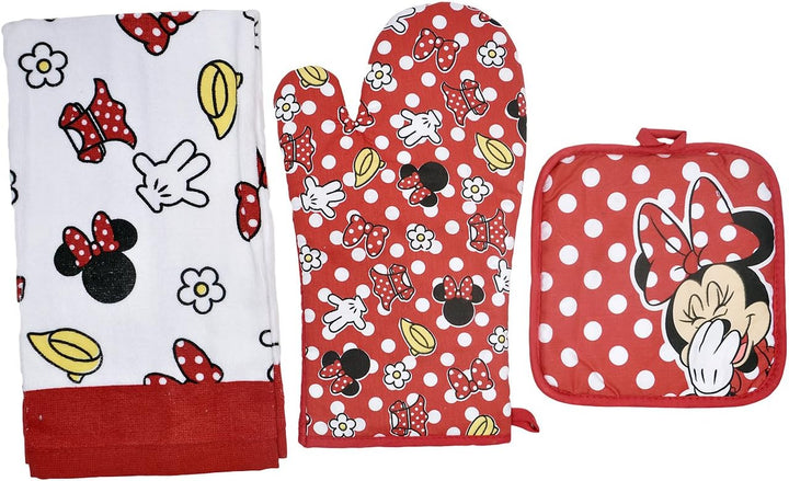 Disney Oven Mitt Pot Holder & Dish Towel 3 pc Kitchen Set (Minnie Mouse Red) Rot, Rot