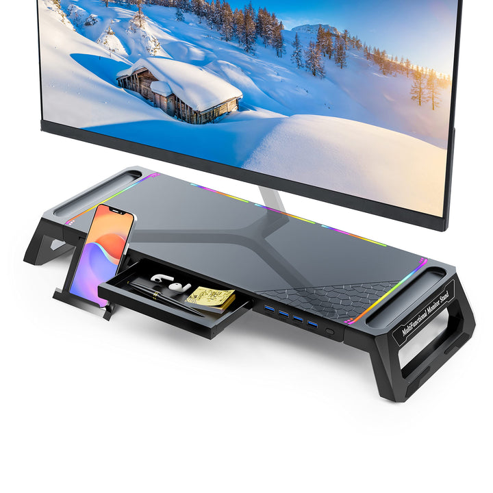 MOOJAY Monitor Ständer für den Schreibtisch Gaming mit 4 USB 3.0 Hub und RGB Licht, Monitor Riser Fa