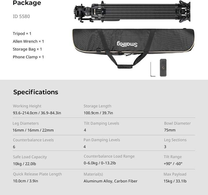 SMALLRIG 214cm FreeSpeed Carbonfaser-Gegengewicht Video-Stativ, Schwerlast-Kamera-Stativ mit 6-Stufe