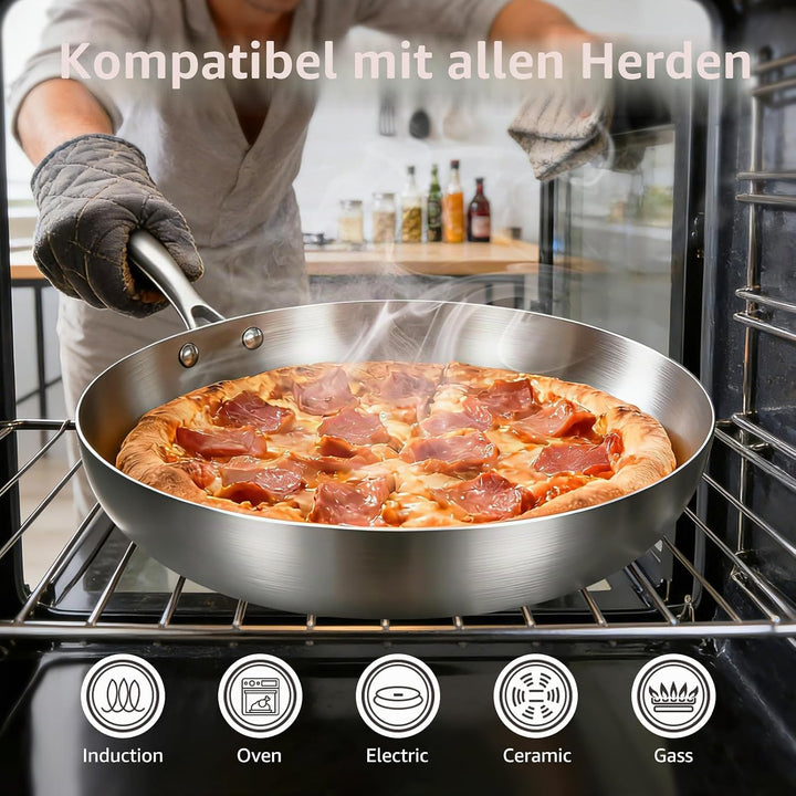 Inqibee Edelstahlpfanne Bratpfanne Unbeschichtet 28 cm mit Deckel - Kleine Pfanne Edelstahl, Stainle