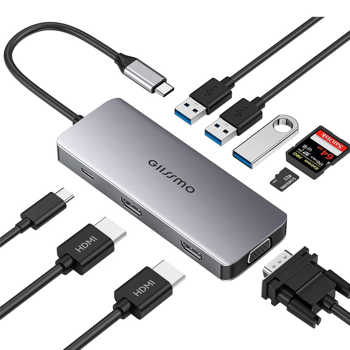 GIISSMO Docking Station 2 HDMI, USB C Hub mit Dual HDMI 4K, VGA, 3 USB-A, 100W PD und TF/SD-Kartenle