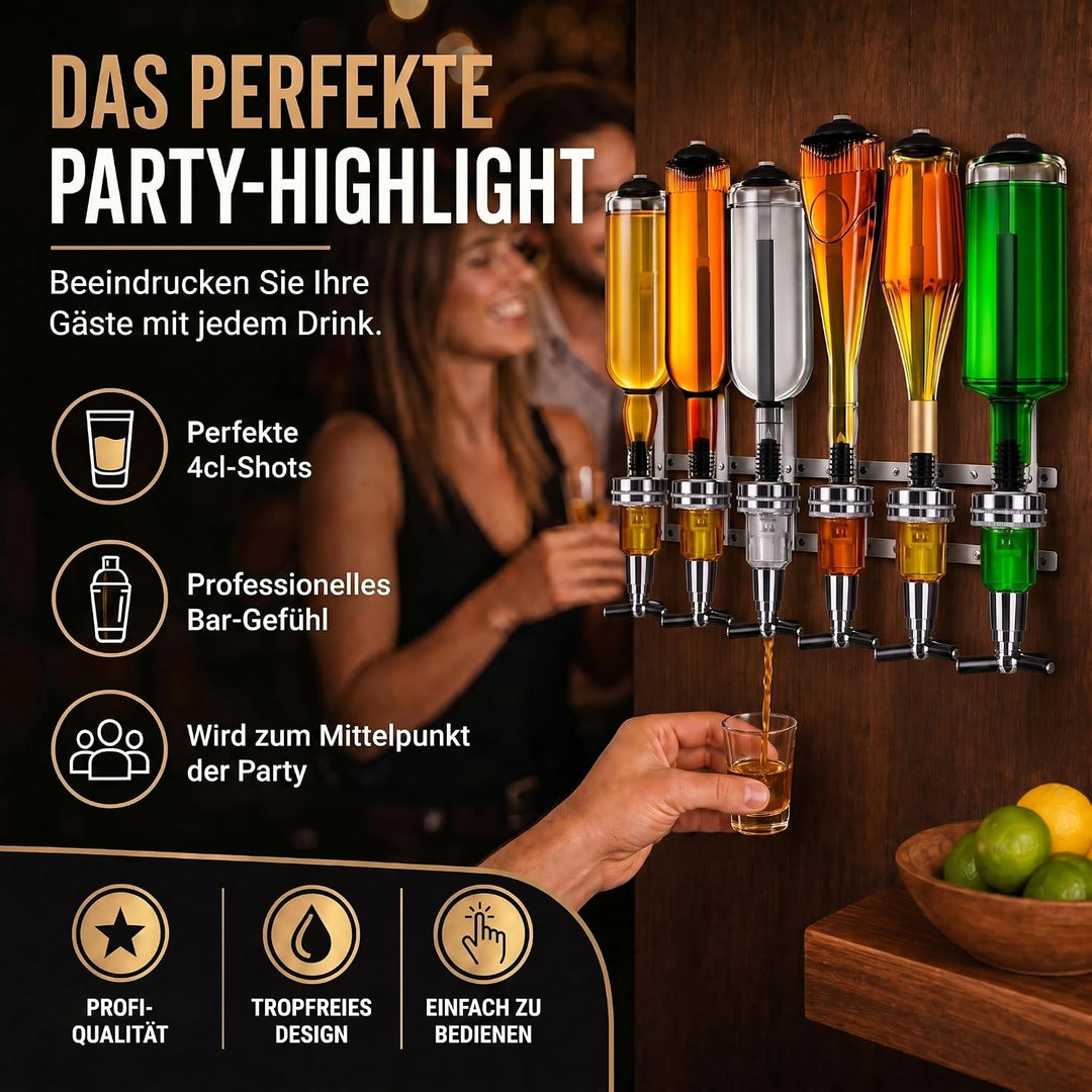 Bar-Butler zur Wand-Montage, 6-Fach Flaschen-Halter mit 4cl-Dosierer Getränkespender für Schnaps & W