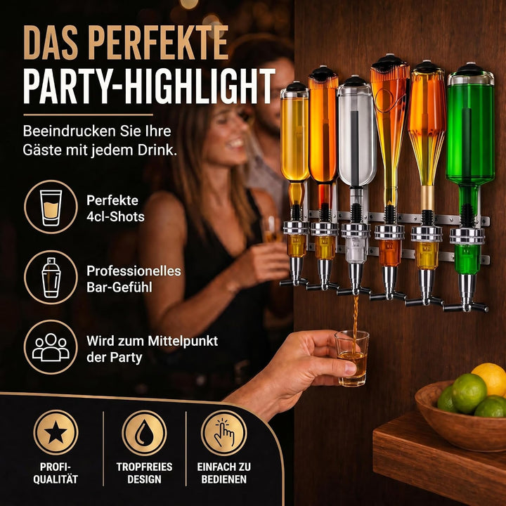 Bar-Butler zur Wand-Montage, 6-Fach Flaschen-Halter mit 4cl-Dosierer Getränkespender für Schnaps & W