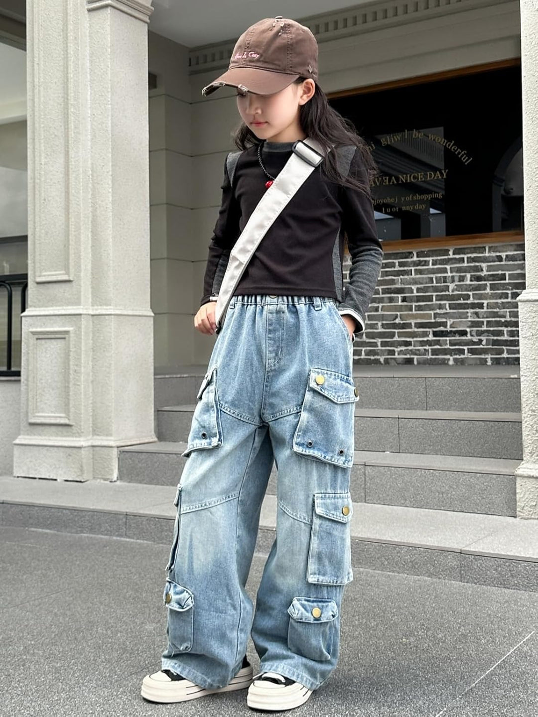 Rolanko Baggy Cargo Jeans für Mädchen, Elastische Hose mit Hoher Taille und Weitem Bein Y2K Jeanshos