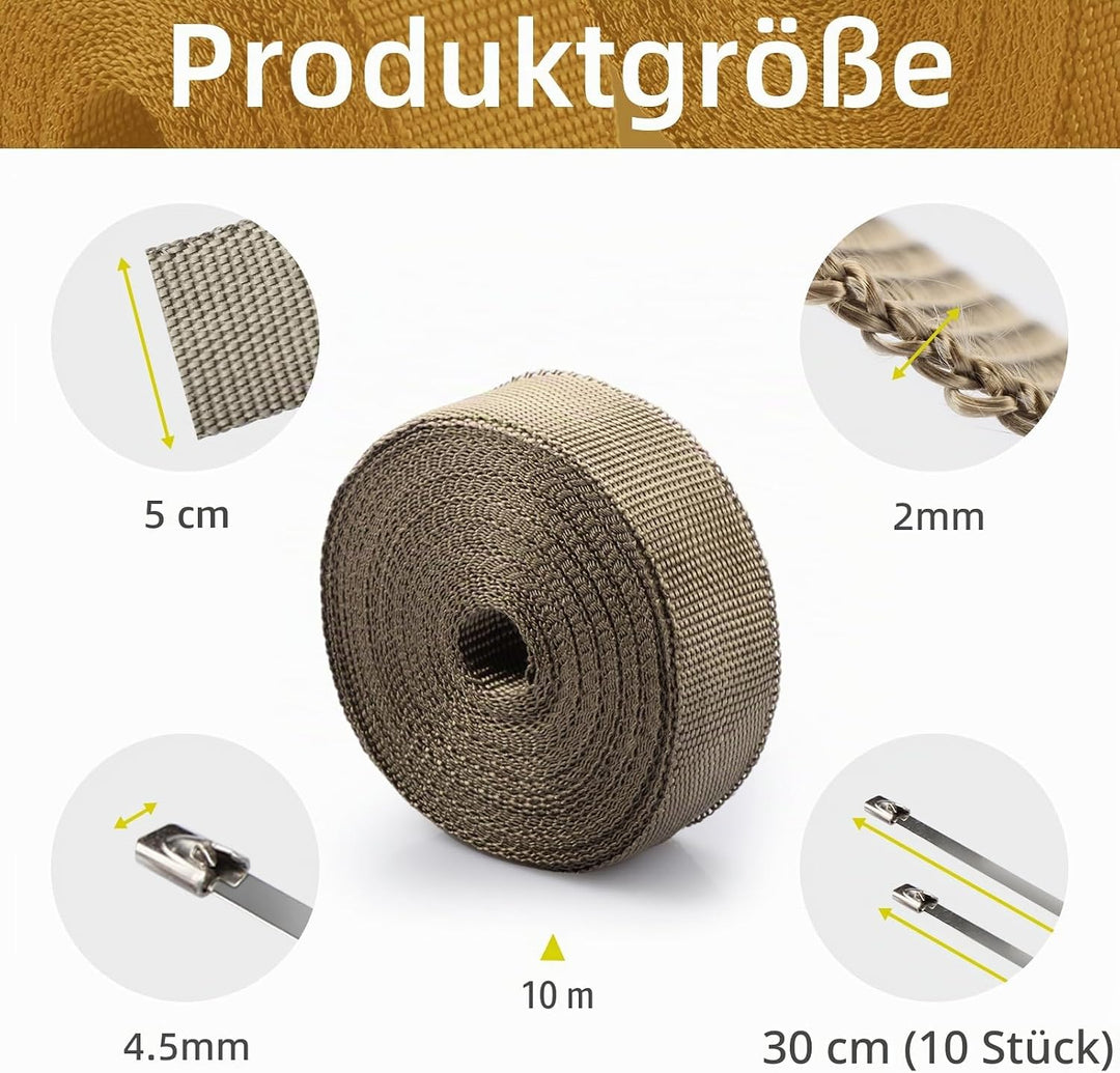 CARDI Auspuff Hitzeschutzband Titanium 5CMx10M Dicke 2MM Basaltfaser Auspuffband mit 10PCS Edelstahl