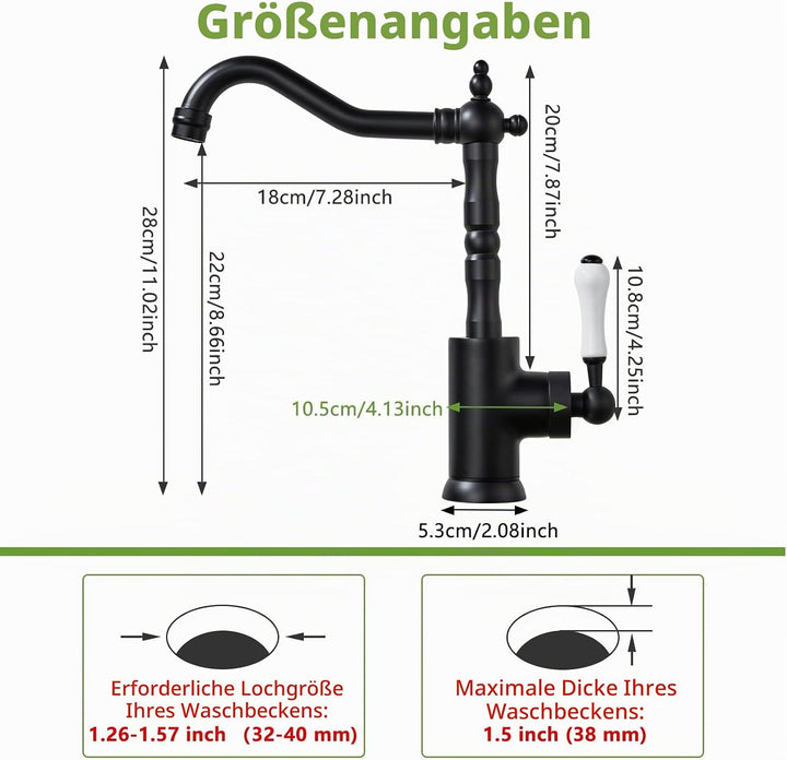 Wasserhahn Bad Schwarz Retro, Waschtischarmatur Hoch für Bad/Küche Waschbecken Armaturen, Einhebelmi