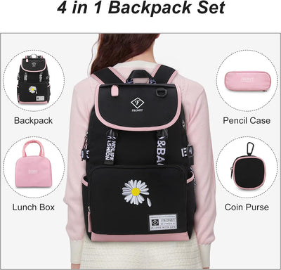 Schulrucksack Mädchen Teenager Schulranzen, Schultaschen-Set 4-in-1 mit Lunch Taschen Federmäppchen